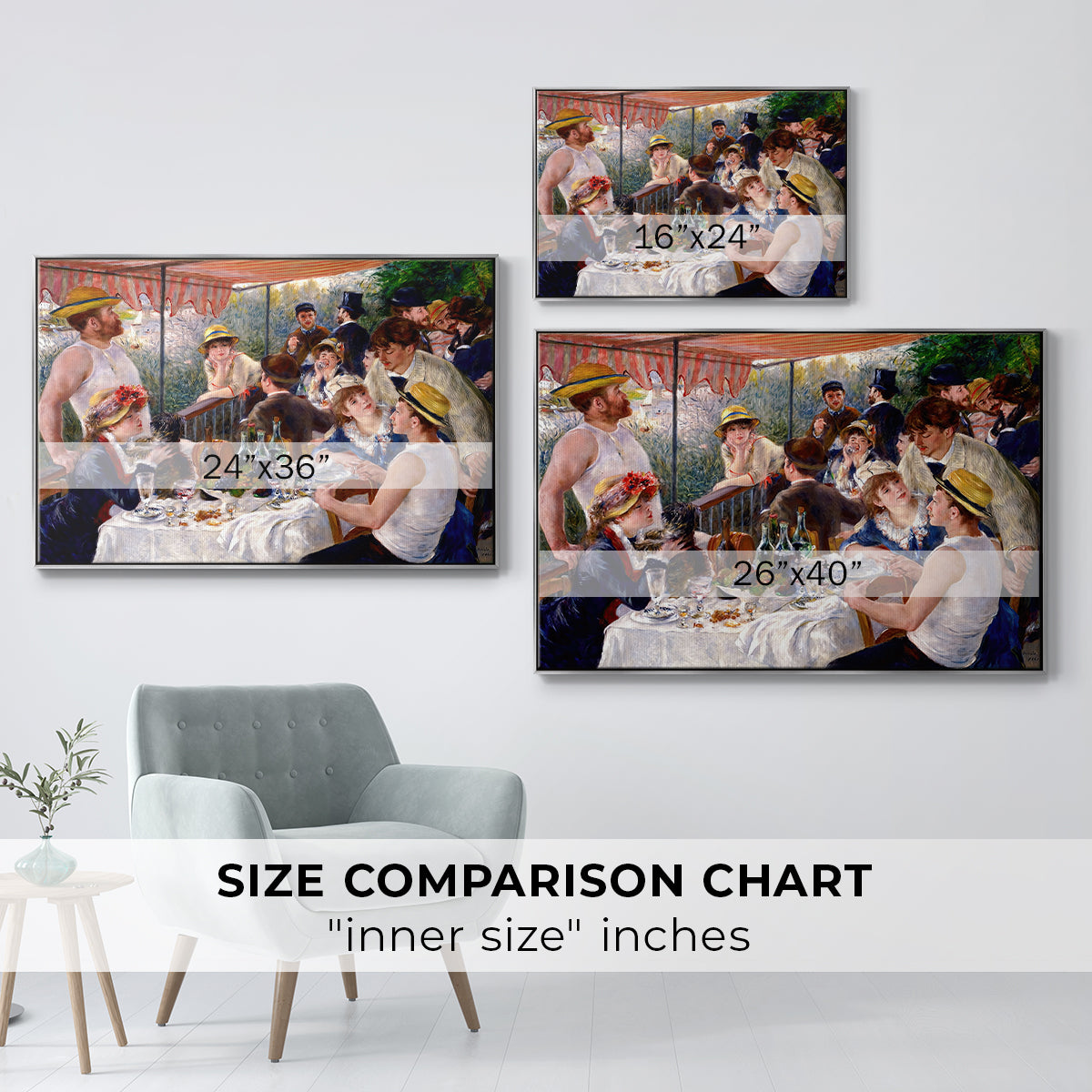 Size comparison chart for silver floater framed canvas featuring Luncheon of the Boating Party (Le Déjeuner des canotiers), 1880-1881 by Pierre-Auguste Renoir.