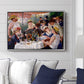 Luncheon of the Boating Party (Le Déjeuner des canotiers), 1880-1881 by Pierre-Auguste Renoir displayed above a sofa in a living room in a silver floater frame, featuring a lively gathering of men and women eating and socializing at outdoor table.