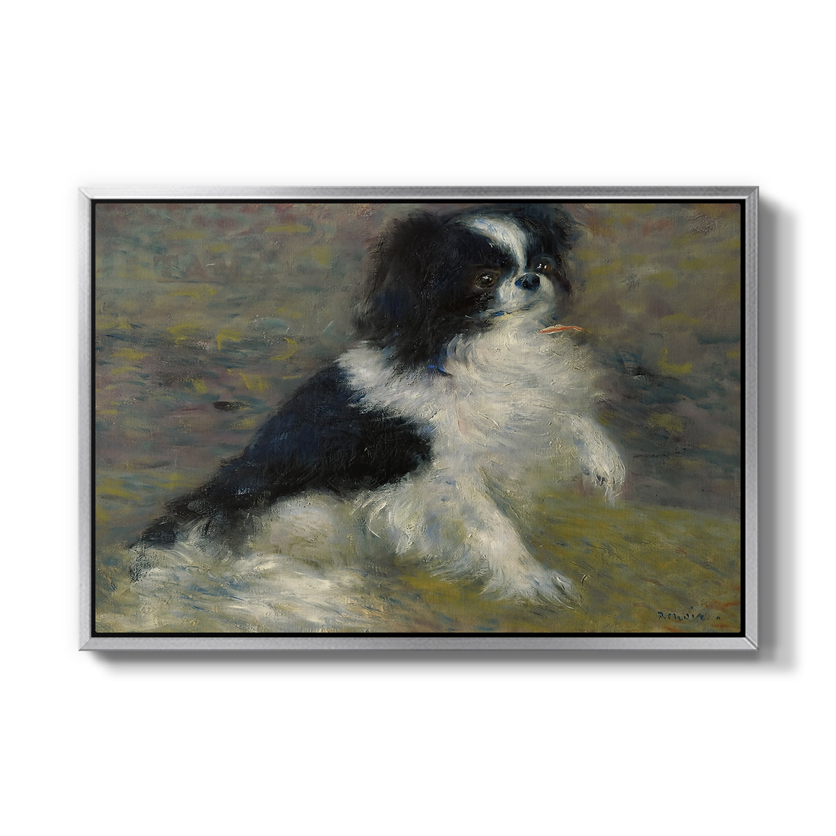 Tama, the Japanese Dog, c. 1876 by Pierre-Auguste Renoir in a silver floater framed canvas wall art display.