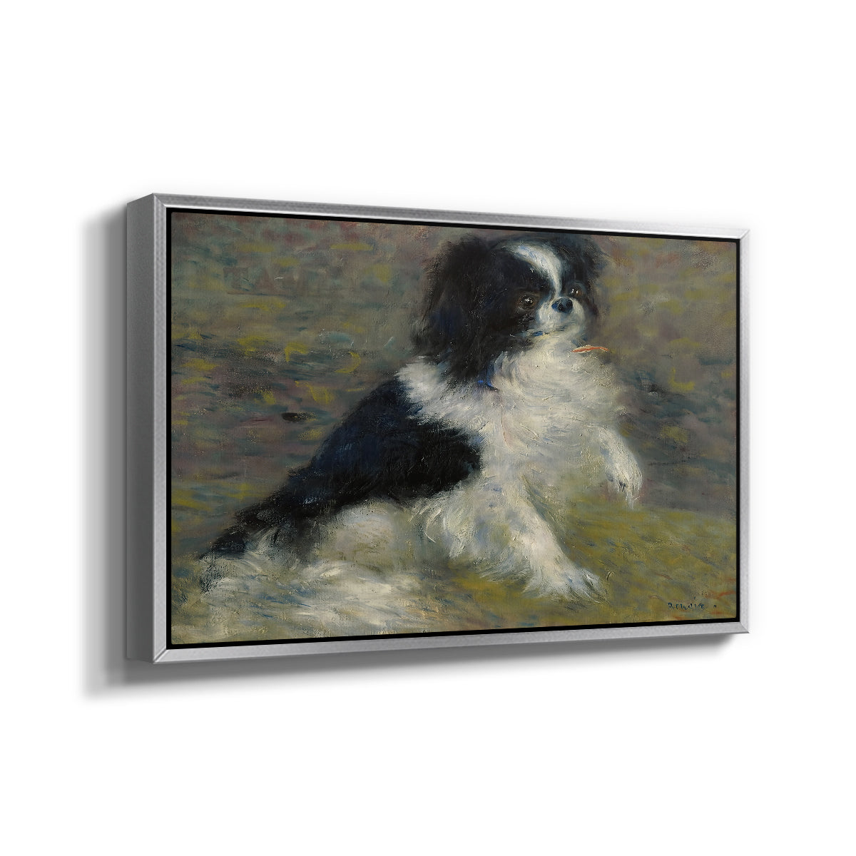 Angled view of Tama, the Japanese Dog, c. 1876 by Pierre-Auguste Renoir in a silver floater framed canvas.