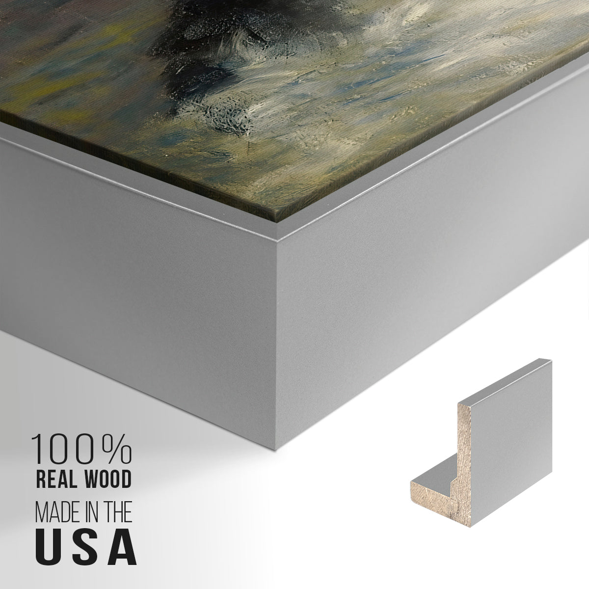 Close-up of the silver floater frame corner and gallery wrapped canvas construction.