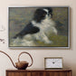 Silver floater framed canvas featuring a close-up of a small dog in motion surrounded by rippling water, displayed above a cabinet in a soft-toned living room.