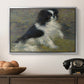 Tama, the Japanese Dog, c. 1876 by Pierre-Auguste Renoir in a silver floater framed canvas displayed above a console table in a hallway, featuring an animal portrait of a dog in natural outdoor setting with soft light.