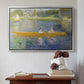 Silver floater framed canvas featuring The Skiff (La Yole), 1875 by Pierre-Auguste Renoir above an entryway table in a minimalist foyer.