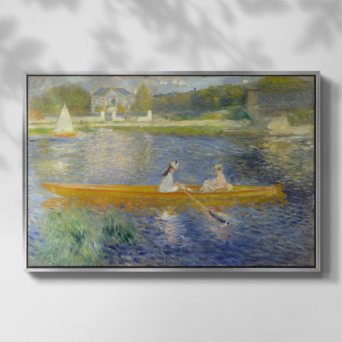 Front view of The Skiff (La Yole), 1875 by Pierre-Auguste Renoir in a silver floater framed canvas.