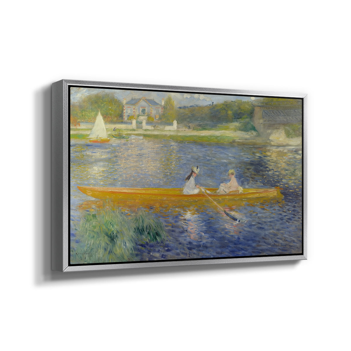 Angled view of The Skiff (La Yole), 1875 by Pierre-Auguste Renoir in a silver floater framed canvas.