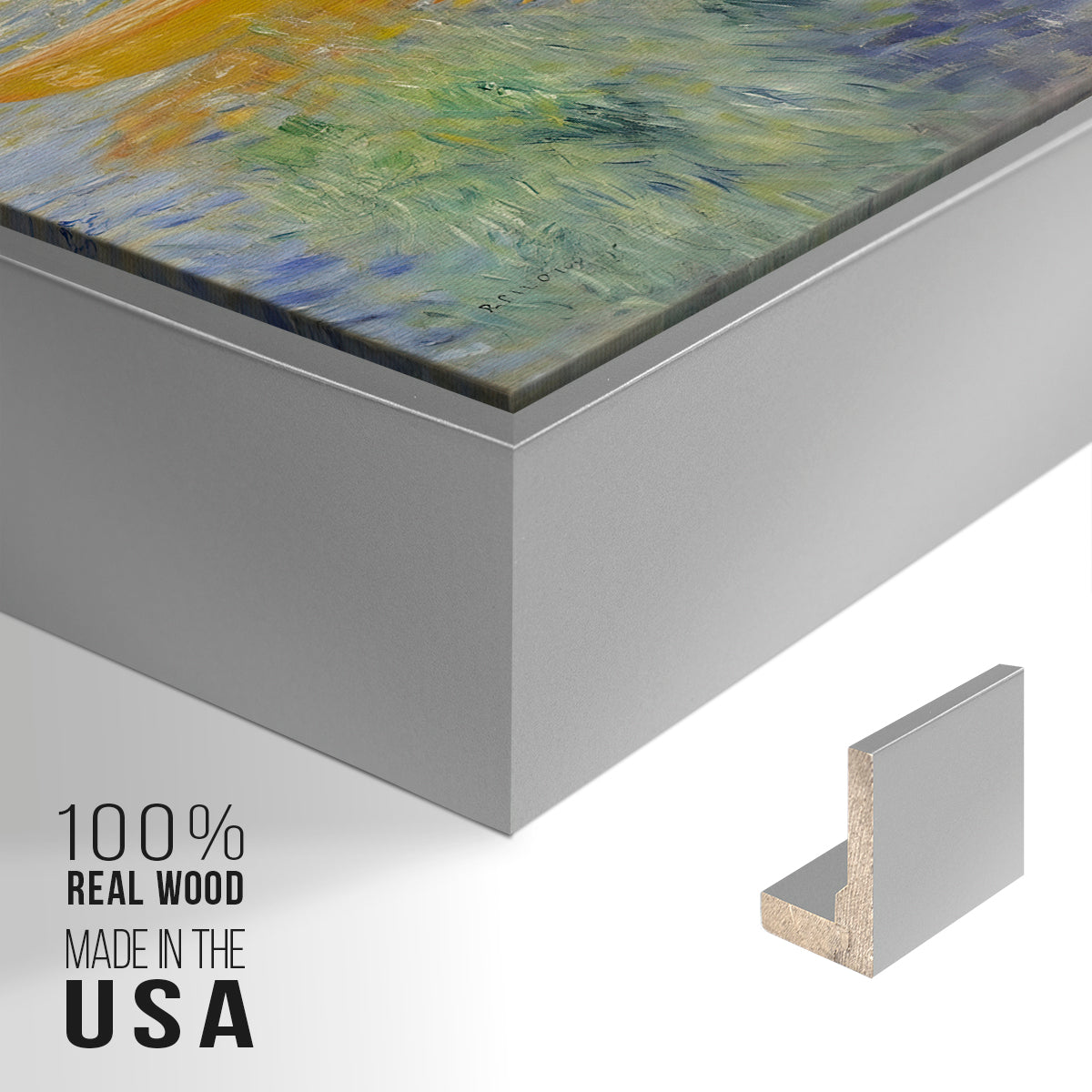 Close-up of the silver floater frame corner and gallery wrapped canvas construction.