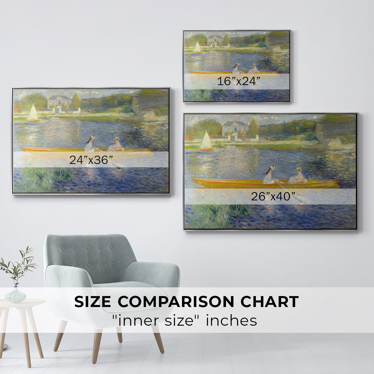 Size comparison chart for silver floater framed canvas featuring The Skiff (La Yole), 1875 by Pierre-Auguste Renoir.