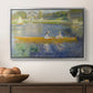 The Skiff (La Yole), 1875 by Pierre-Auguste Renoir in a silver floater framed canvas displayed above a console table in a hallway, featuring a leisure scene of figures in a small rowboat on tranquil water.
