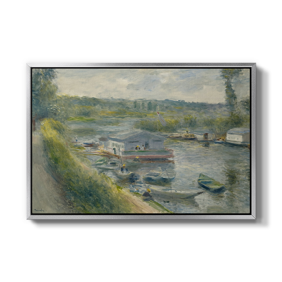 Wash-House Boat at Bas-Meudon, c. 1874 by Pierre-Auguste Renoir in a silver floater framed canvas wall art display.