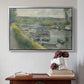 Silver floater framed canvas featuring Wash-House Boat at Bas-Meudon, c. 1874 by Pierre-Auguste Renoir above an entryway table in a minimalist foyer.