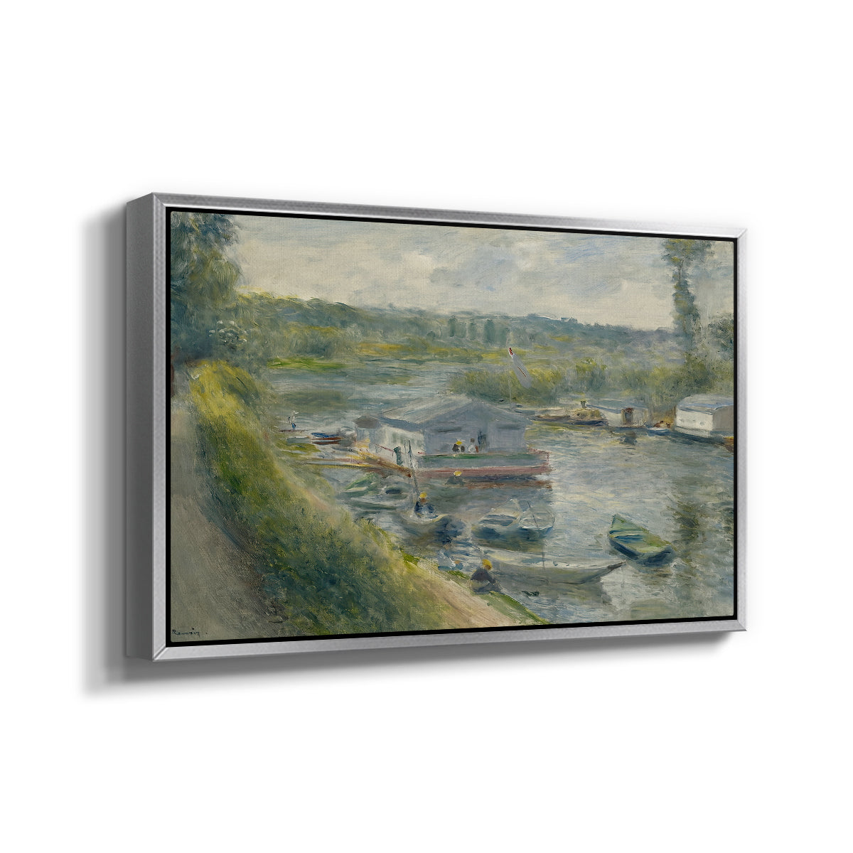 Angled view of Wash-House Boat at Bas-Meudon, c. 1874 by Pierre-Auguste Renoir in a silver floater framed canvas.