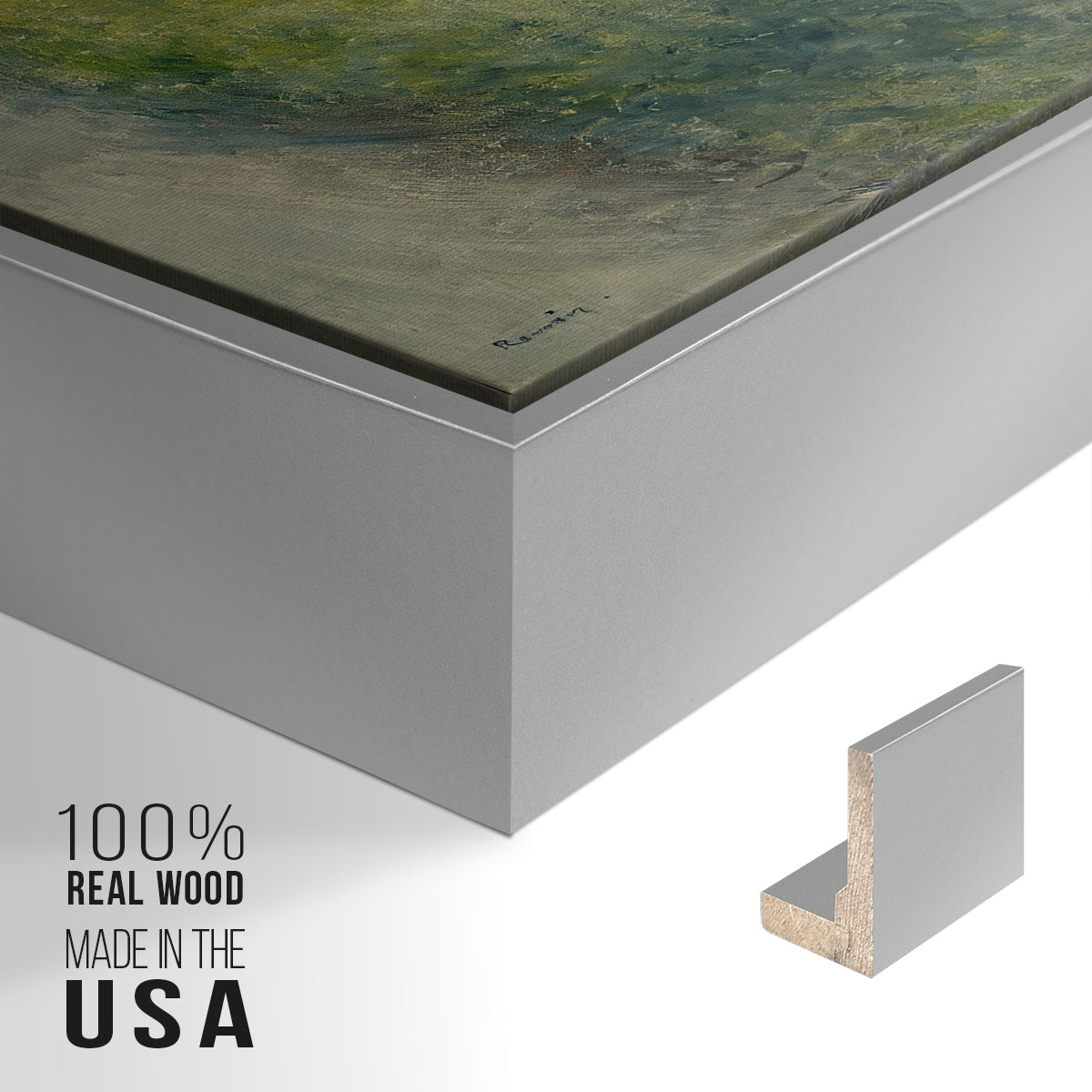 Close-up of the silver floater frame corner and gallery wrapped canvas construction.