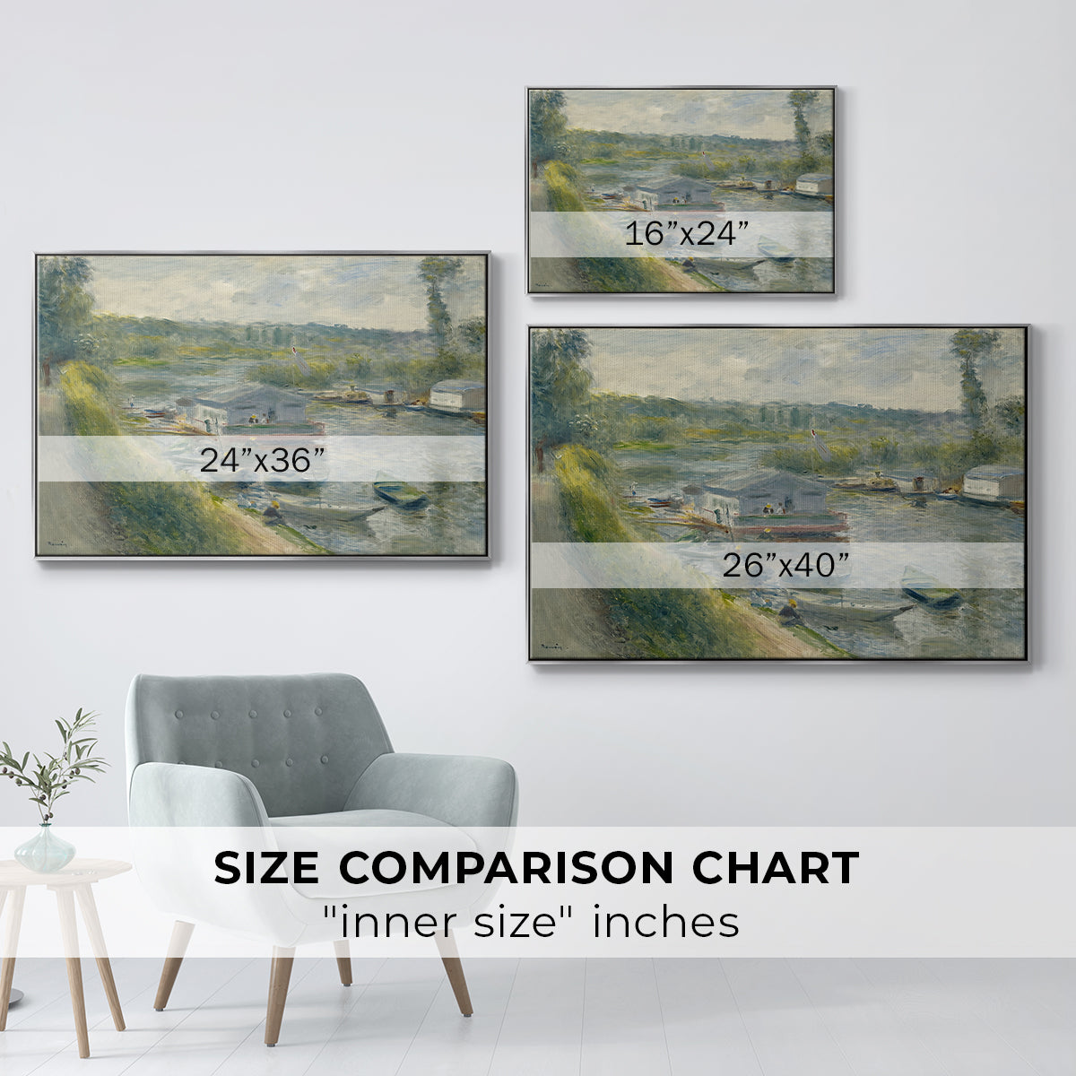 Size comparison chart for silver floater framed canvas featuring Wash-House Boat at Bas-Meudon, c. 1874 by Pierre-Auguste Renoir.