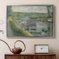 Silver floater framed canvas featuring an impressionist depiction of working boat along calm waterway, displayed above a cabinet in a soft-toned living room.