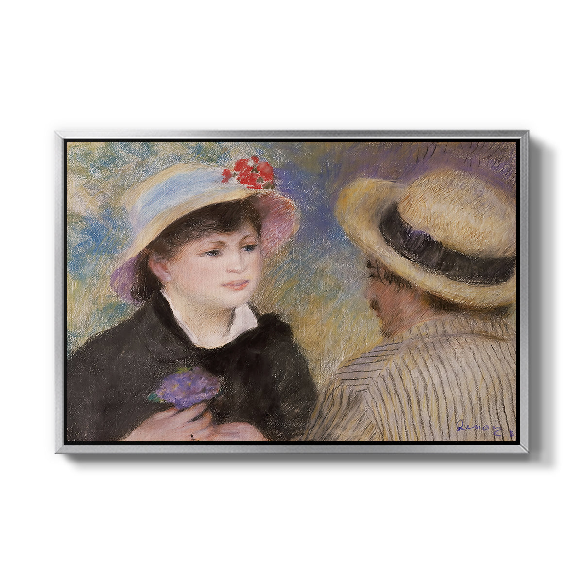 Boating Couple (Aline Charigot and Renoir), c. 1881 by Pierre-Auguste Renoir in a silver floater framed canvas wall art display.