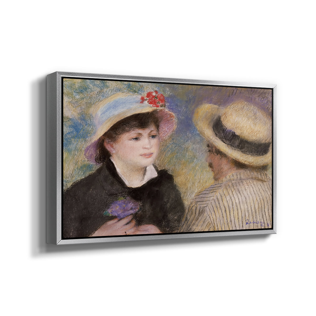 Angled view of Boating Couple (Aline Charigot and Renoir), c. 1881 by Pierre-Auguste Renoir in a silver floater framed canvas.