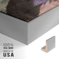 Close-up of the silver floater frame corner and gallery wrapped canvas construction.