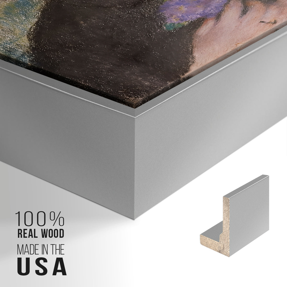 Close-up of the silver floater frame corner and gallery wrapped canvas construction.