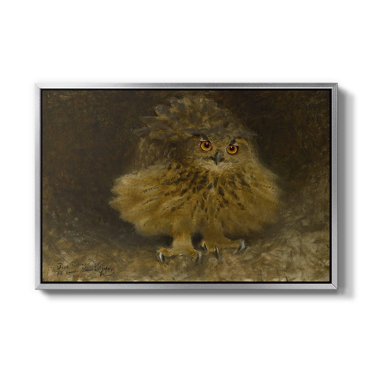 An Eagle Owl (Berguv), 1905 by Bruno Liljefors in a silver floater framed canvas wall art display.