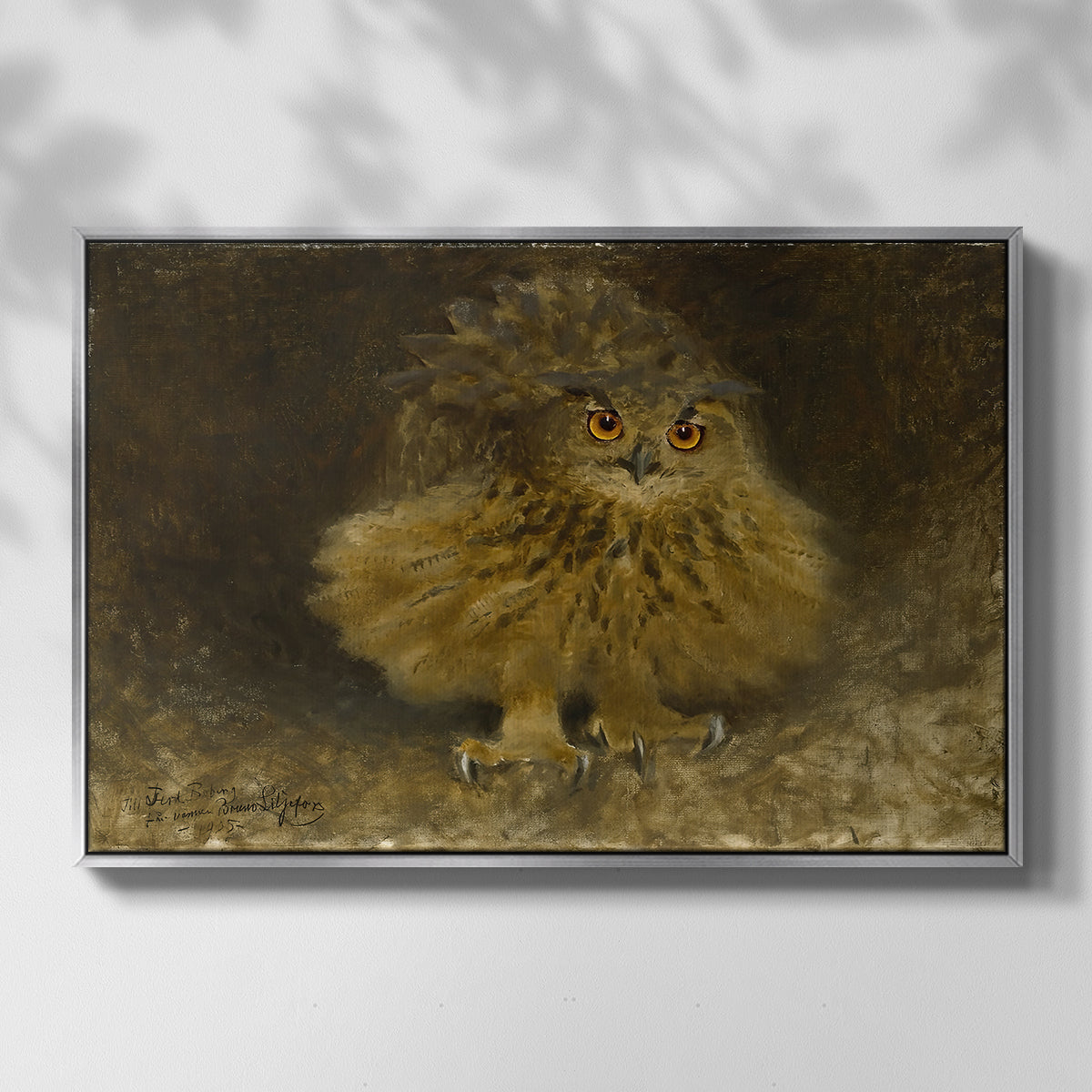 Front view of An Eagle Owl (Berguv), 1905 by Bruno Liljefors in a silver floater framed canvas.