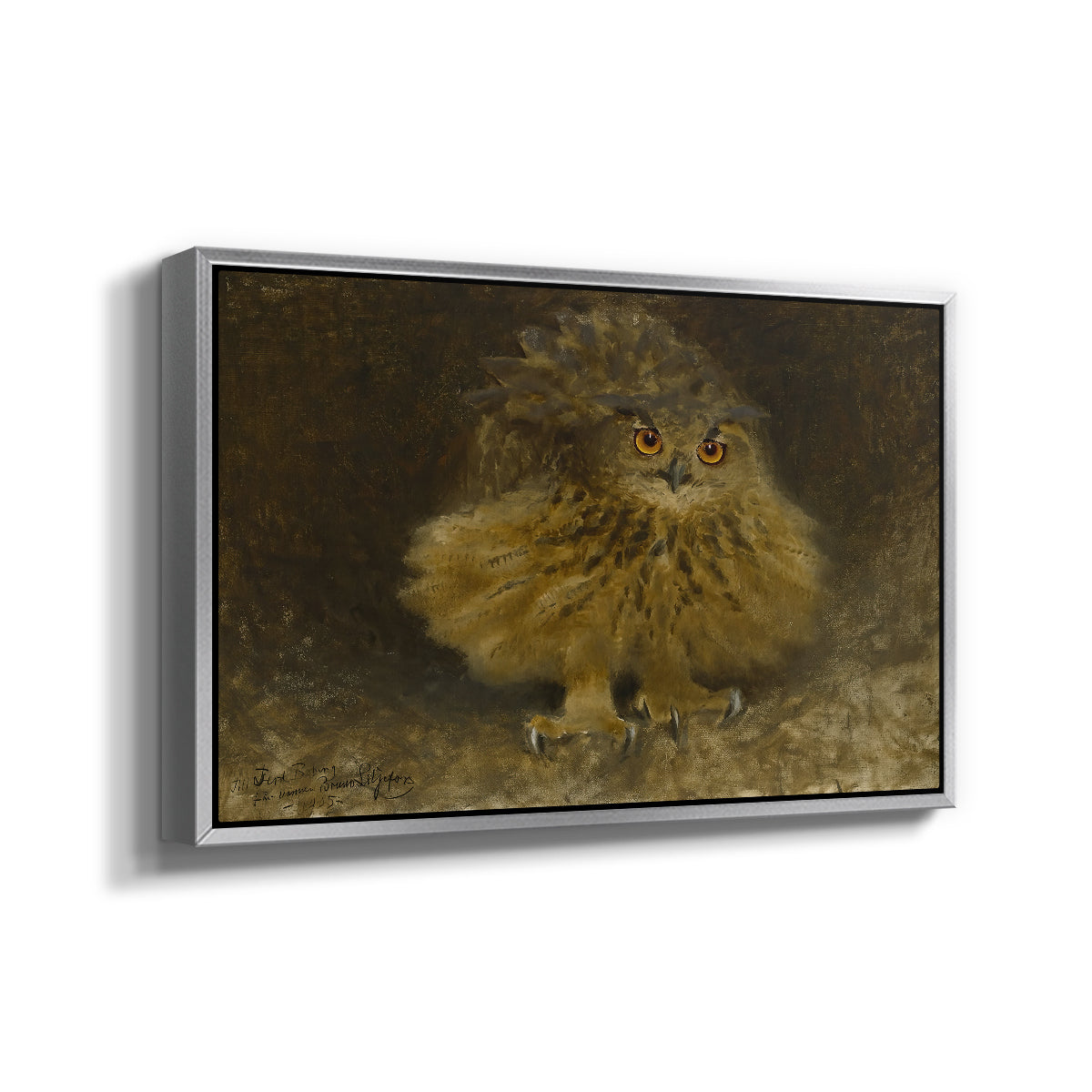 Angled view of An Eagle Owl (Berguv), 1905 by Bruno Liljefors in a silver floater framed canvas.