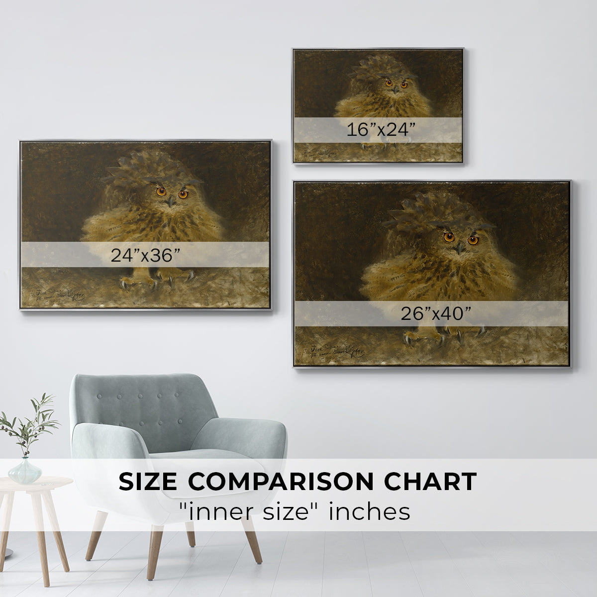 Size comparison chart for silver floater framed canvas featuring An Eagle Owl (Berguv), 1905 by Bruno Liljefors.