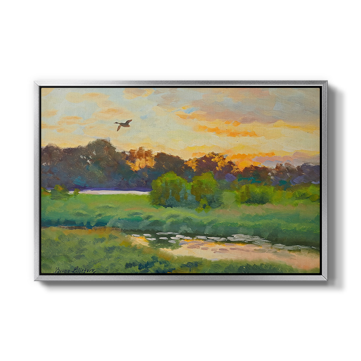 Flying Duck at Sunset, 1924 by Bruno Liljefors in a silver floater framed canvas wall art display.