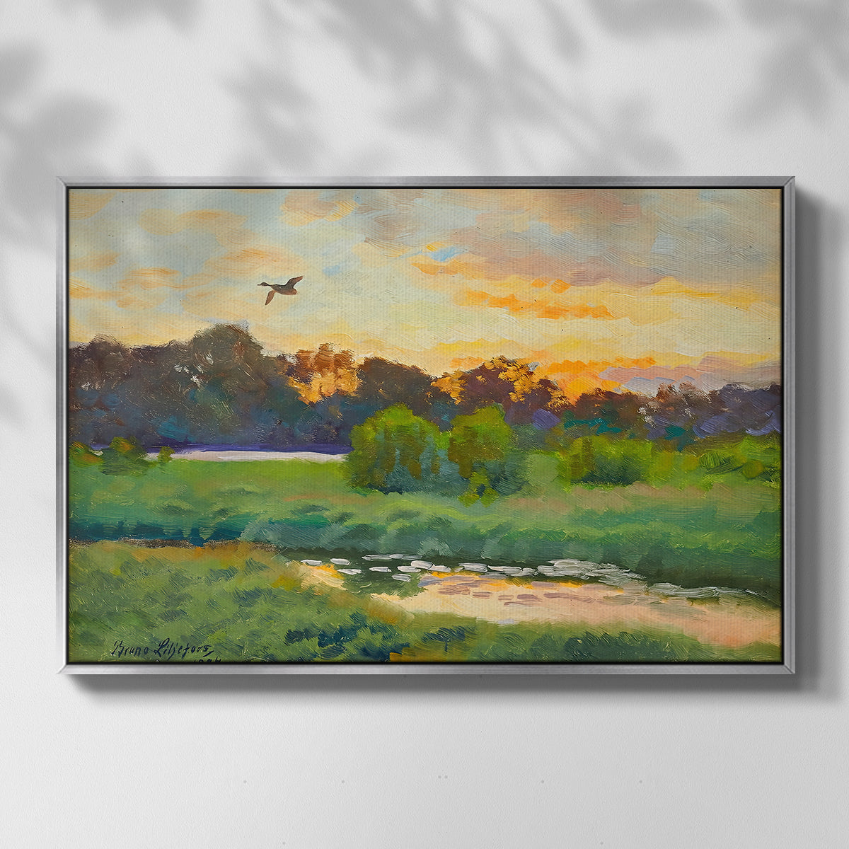 Front view of Flying Duck at Sunset, 1924 by Bruno Liljefors in a silver floater framed canvas.