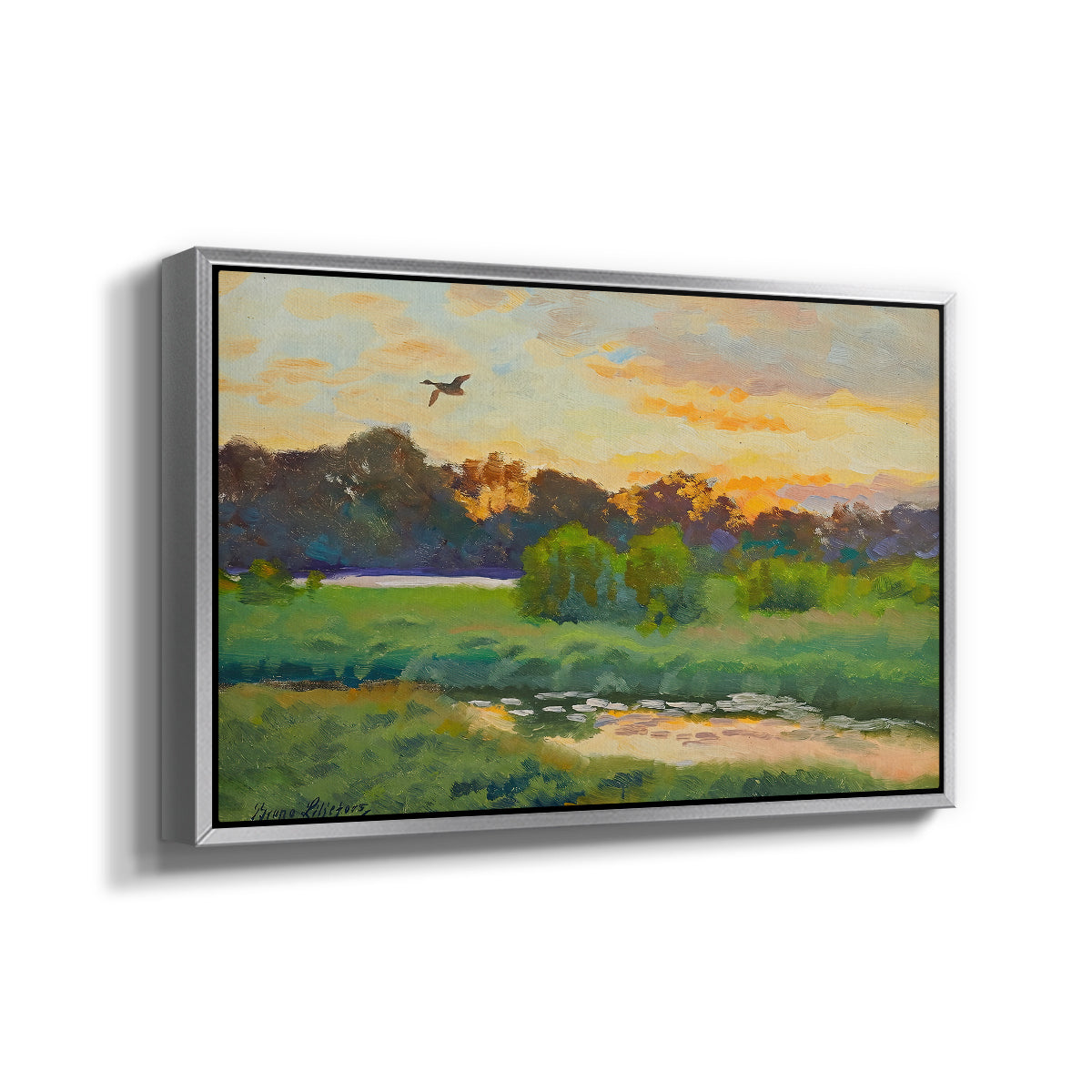 Angled view of Flying Duck at Sunset, 1924 by Bruno Liljefors in a silver floater framed canvas.