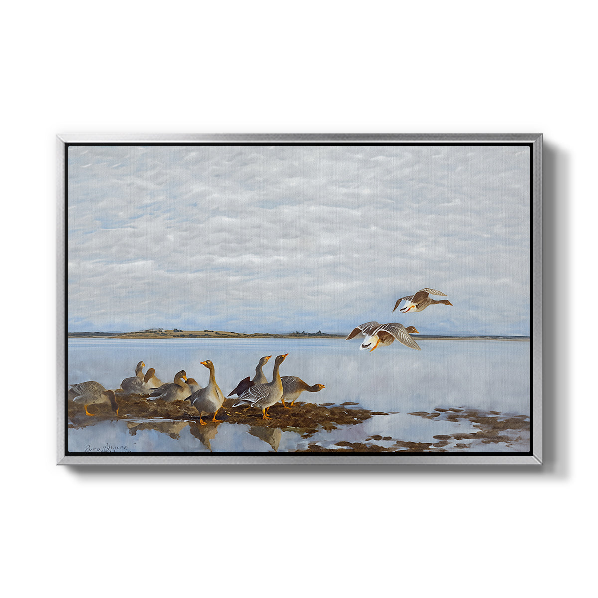 Greylag Geese (Grågäss), 1922 by Bruno Liljefors in a silver floater framed canvas wall art display.
