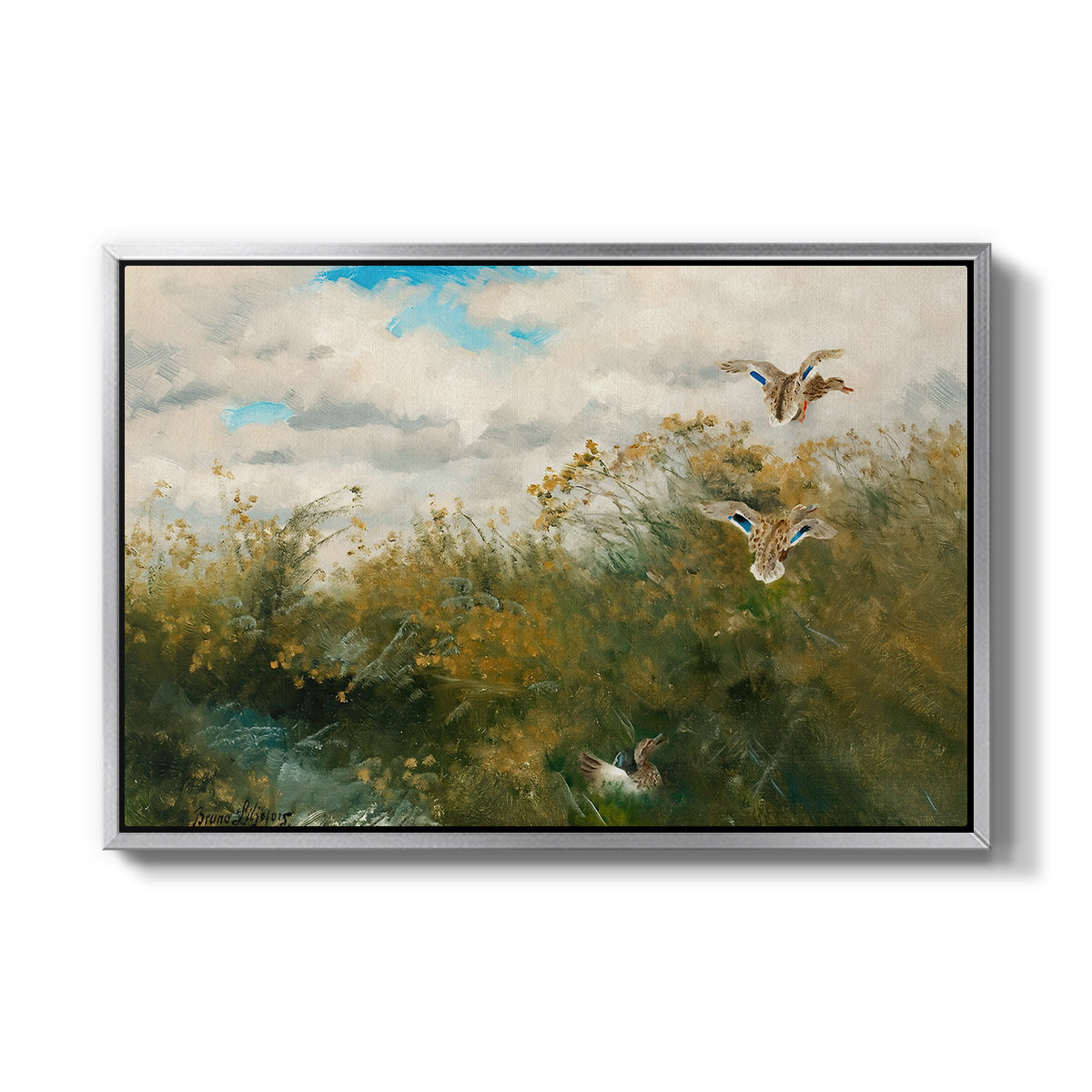 Wild Ducks (Grasänder), 1890 by Bruno Liljefors in a silver floater framed canvas wall art display.