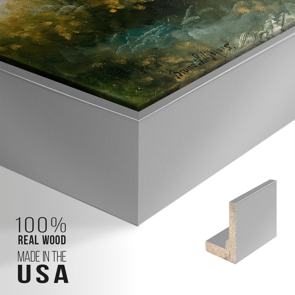 Close-up of the silver floater frame corner and gallery wrapped canvas construction.