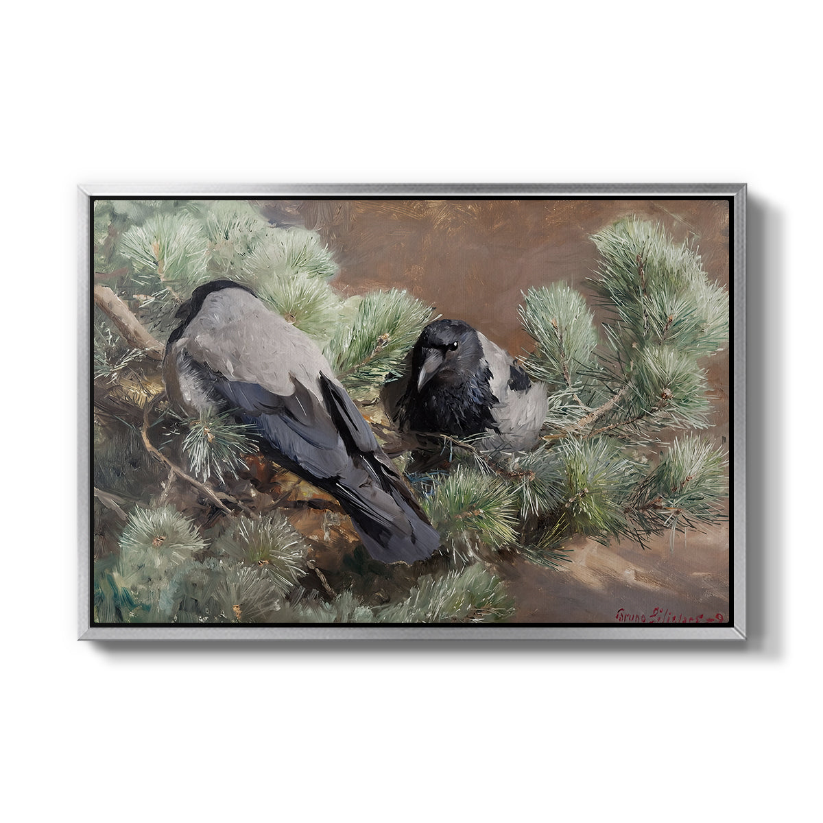 Hooded Crows (Kråkor), 1891 by Bruno Liljefors in a silver floater framed canvas wall art display.