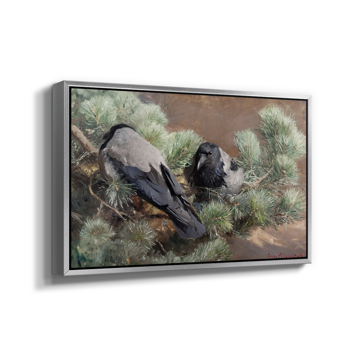 Angled view of Hooded Crows (Kråkor), 1891 by Bruno Liljefors in a silver floater framed canvas.