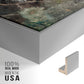 Close-up of the silver floater frame corner and gallery wrapped canvas construction.