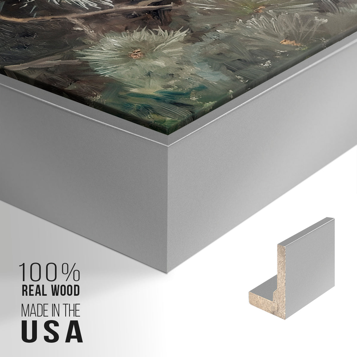 Close-up of the silver floater frame corner and gallery wrapped canvas construction.