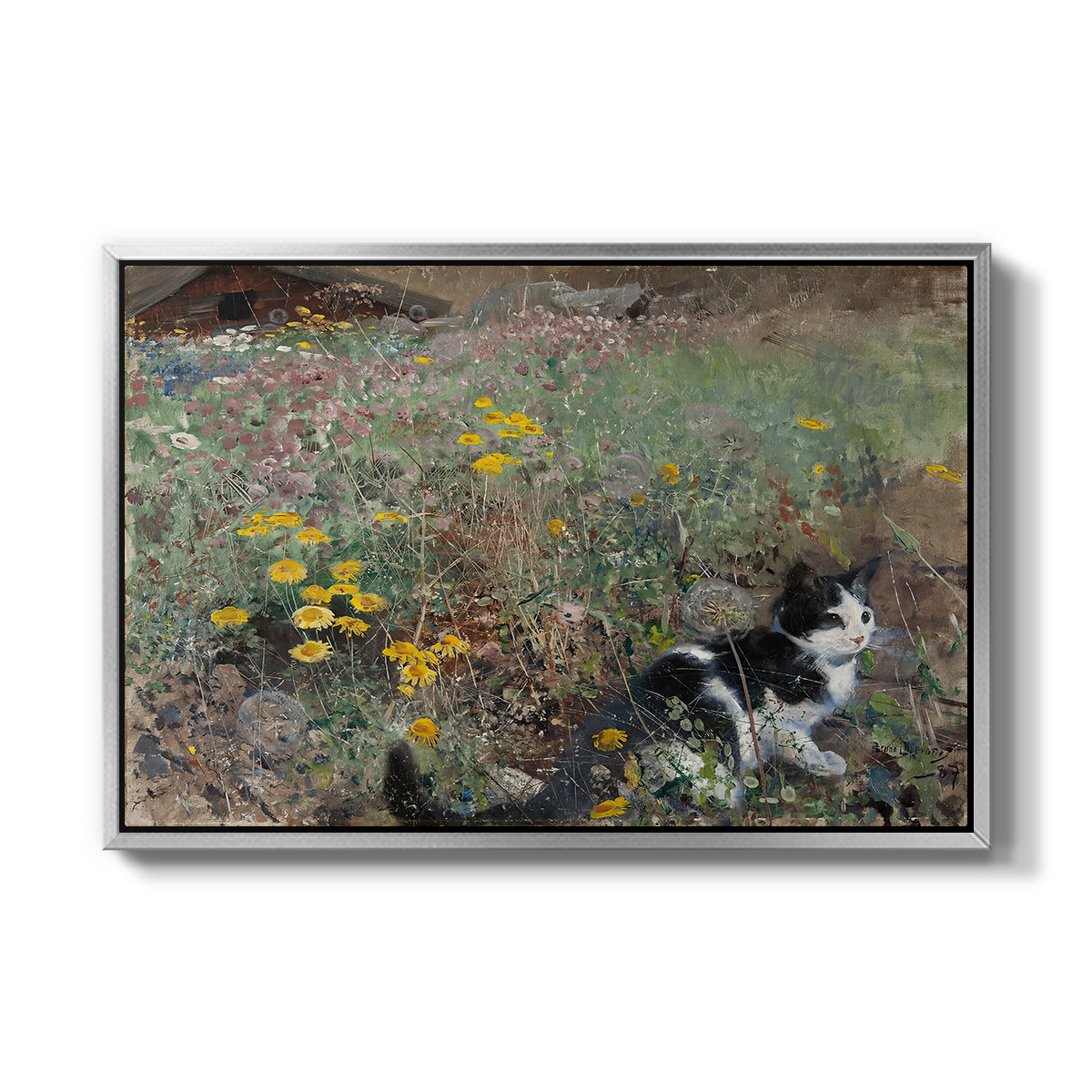Cat on a Flowery Meadow, 1887 by Bruno Liljefors in a silver floater framed canvas wall art display.