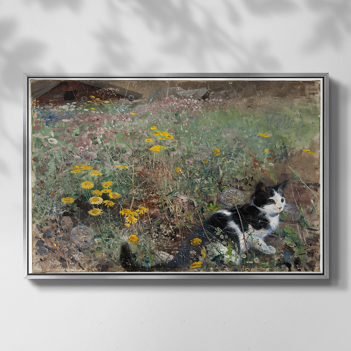 Front view of Cat on a Flowery Meadow, 1887 by Bruno Liljefors in a silver floater framed canvas.