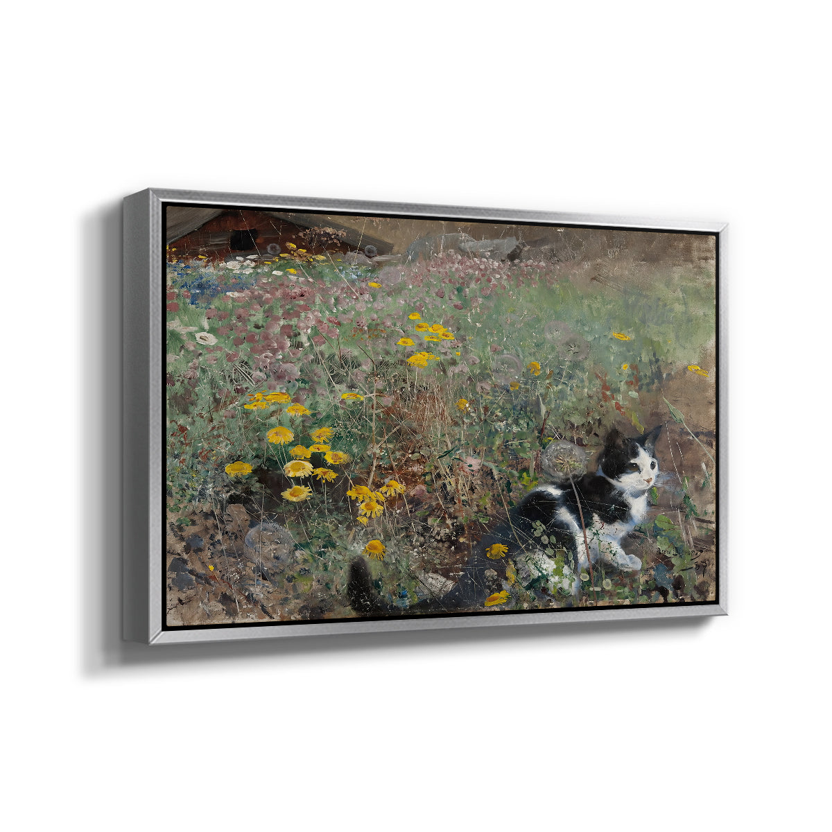 Angled view of Cat on a Flowery Meadow, 1887 by Bruno Liljefors in a silver floater framed canvas.