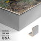 Close-up of the silver floater frame corner and gallery wrapped canvas construction.