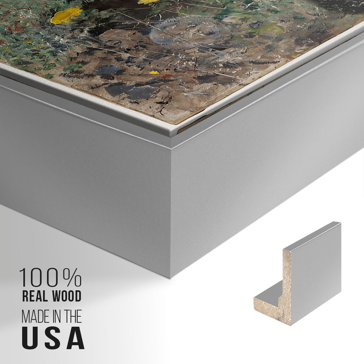 Close-up of the silver floater frame corner and gallery wrapped canvas construction.