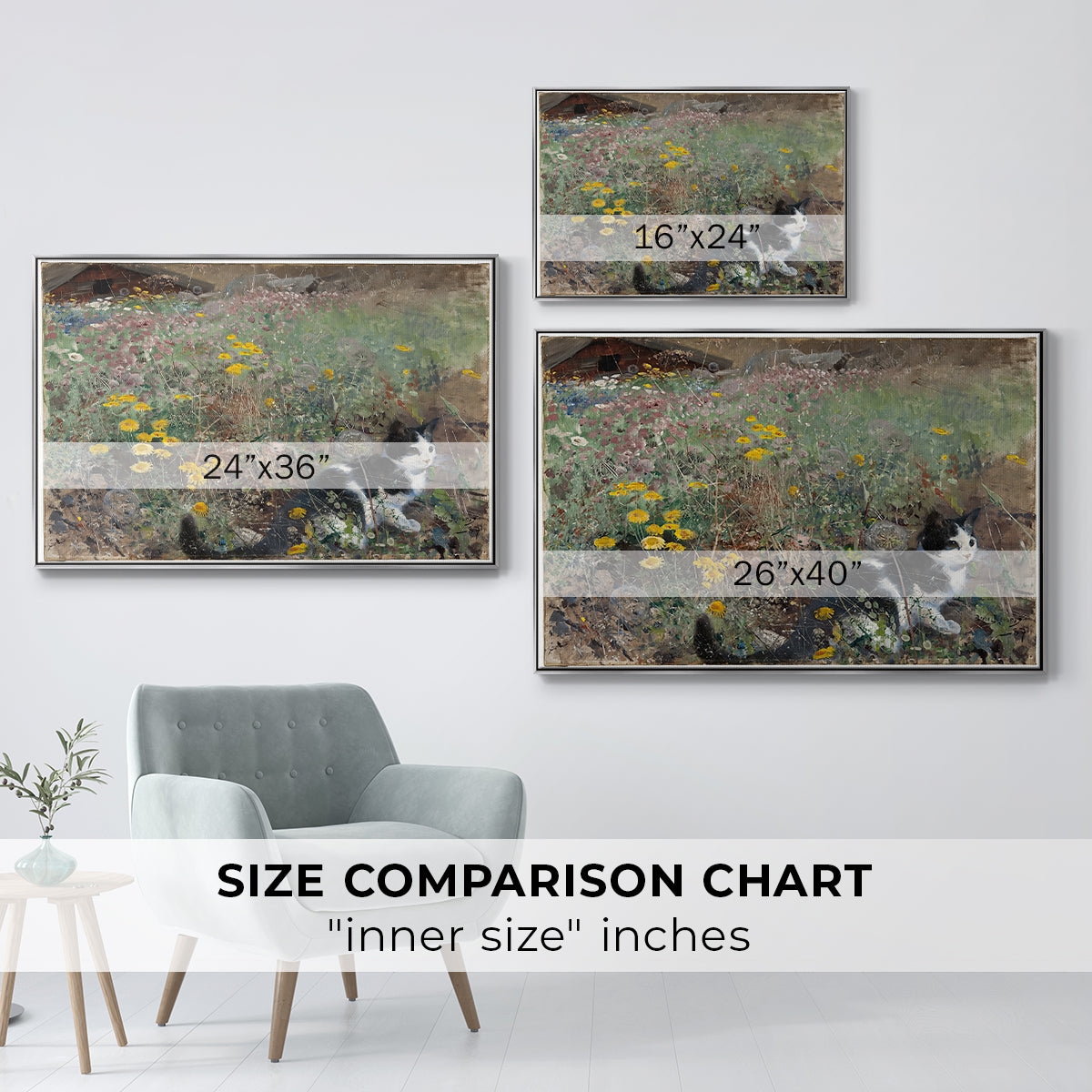 Size comparison chart for silver floater framed canvas featuring Cat on a Flowery Meadow, 1887 by Bruno Liljefors.