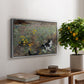 Cat on a Flowery Meadow, 1887 by Bruno Liljefors, presented in a silver floater framed canvas featuring a cat crouching in a meadow filled with wildflowers and greenery, displayed above a hallway console table.