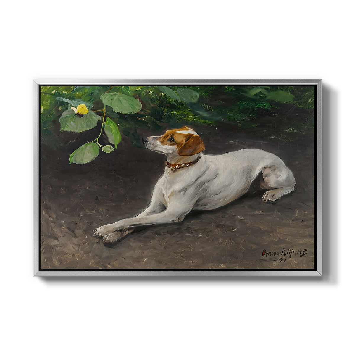 Portrait of a Dog, 1891 by Bruno Liljefors in a silver floater framed canvas wall art display.