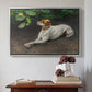 Silver floater framed canvas featuring Portrait of a Dog, 1891 by Bruno Liljefors above an entryway table in a minimalist foyer.