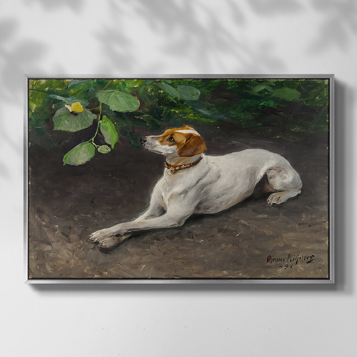 Front view of Portrait of a Dog, 1891 by Bruno Liljefors in a silver floater framed canvas.