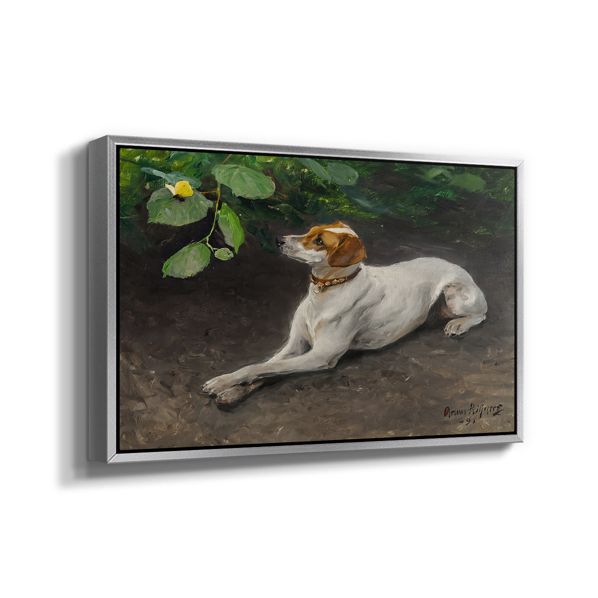 Angled view of Portrait of a Dog, 1891 by Bruno Liljefors in a silver floater framed canvas.