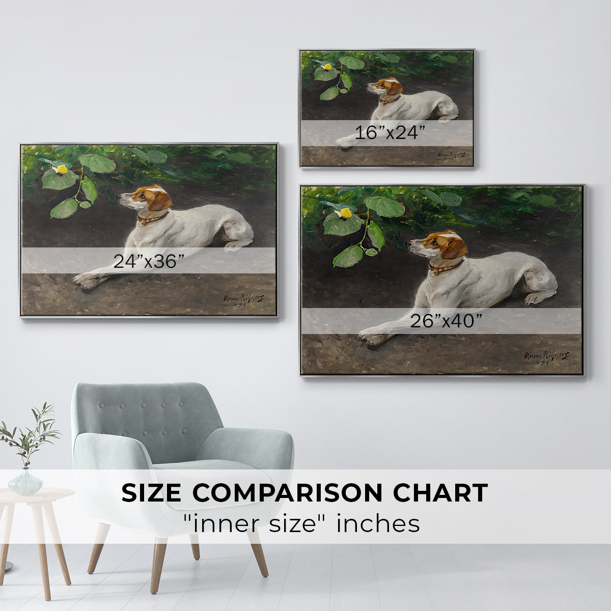 Size comparison chart for silver floater framed canvas featuring Portrait of a Dog, 1891 by Bruno Liljefors.
