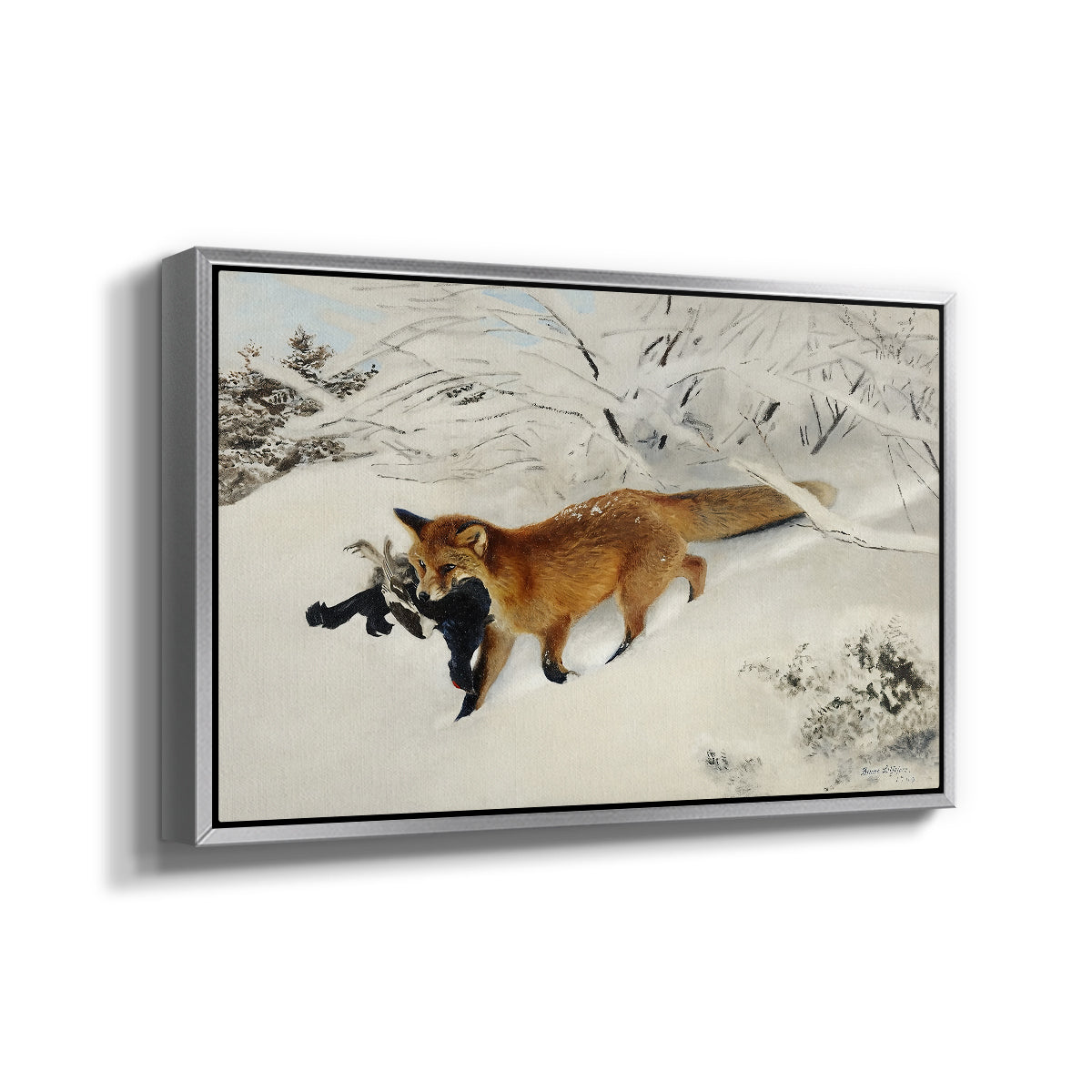 Angled view of Fox in Snow Landscape, 1900 by Bruno Liljefors in a silver floater framed canvas.